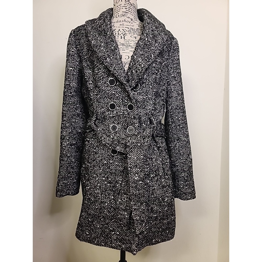 Guess Women's Double Breasted Peacoat Size M Black White Tweed Belt Preppy NWOT